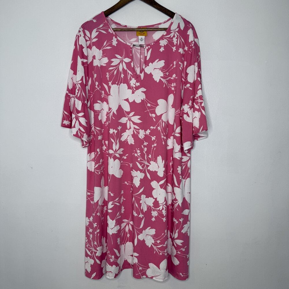 Ruby Rd Dress Womens 2X Pink White Floral Bell Sleeve Lightweight Stretchy Plus
